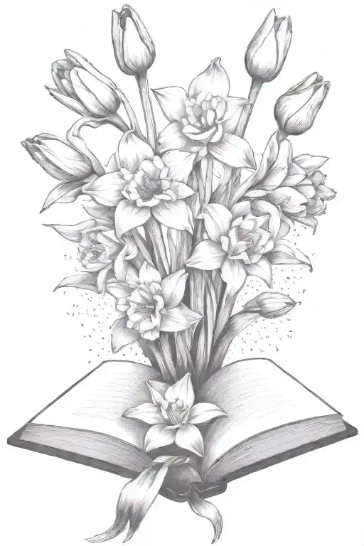 Daffodils And Tulips Bouquet Over An Open Book