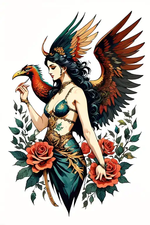 Woman Warrior Phoenix With Deployed Wings And Roses Baccarat