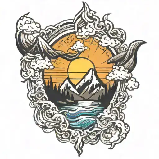 Mountains With The Sun Rising And A River Flowing