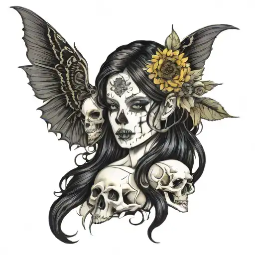 Sunflowers Skulls Long Black Hair Woman