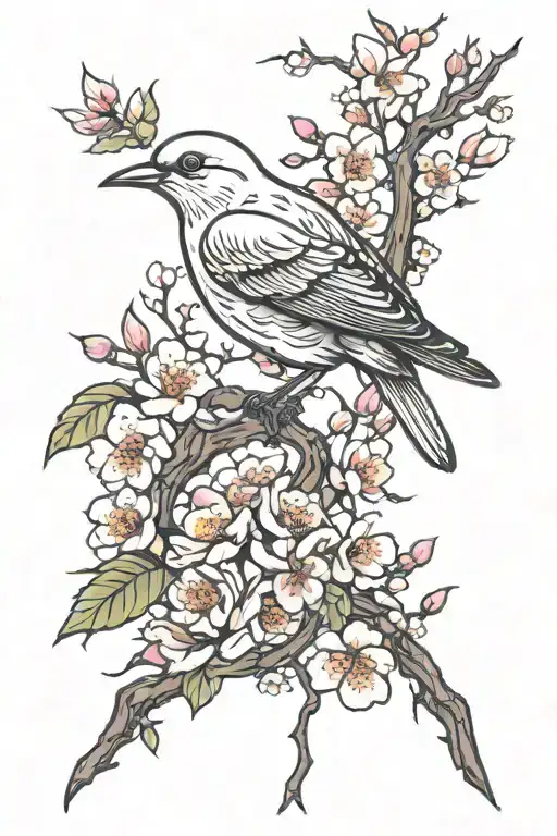 White Bird Tangled In Cherry Blossom Vines