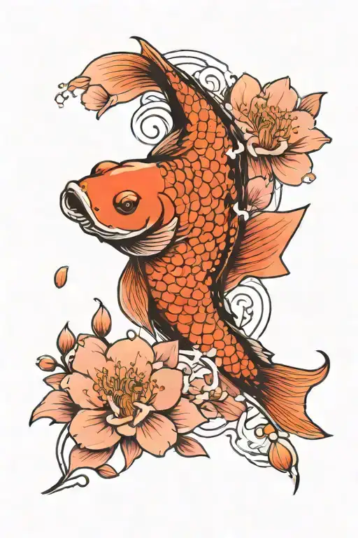 Koi Fish Swimming Upstream Surrounded By Blooming Flowers And Cherry Blossoms