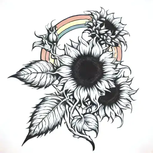 Sunflowers And A Rainbow In The Background