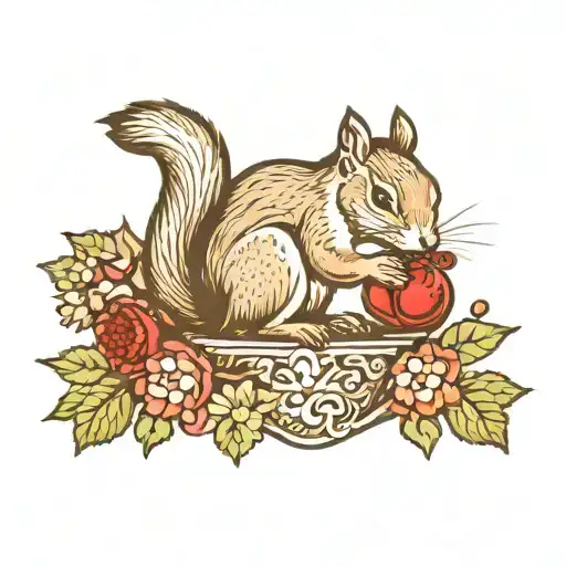 Fine Line Squirrel Holding A Peanut In A Bed Of Holly Flowers