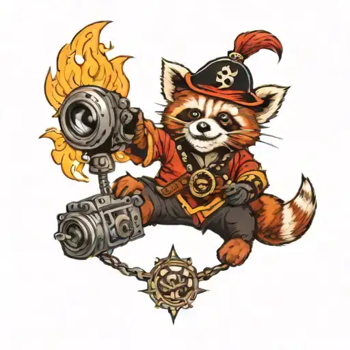 Red Panda As A Pirate With Photo Camera On Top Of A Flying Fire Breathing Dragon