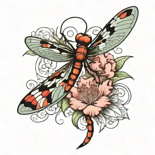 Dragon Fly In The Center And The Carnations And Snowdrop On Either Side Of The Dragon Fly
