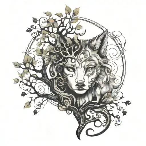 Tree Of Life As A Background With A Half Wolf And Half Woman Face