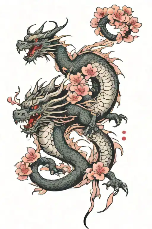 Dragon Flying With Sakura Flower