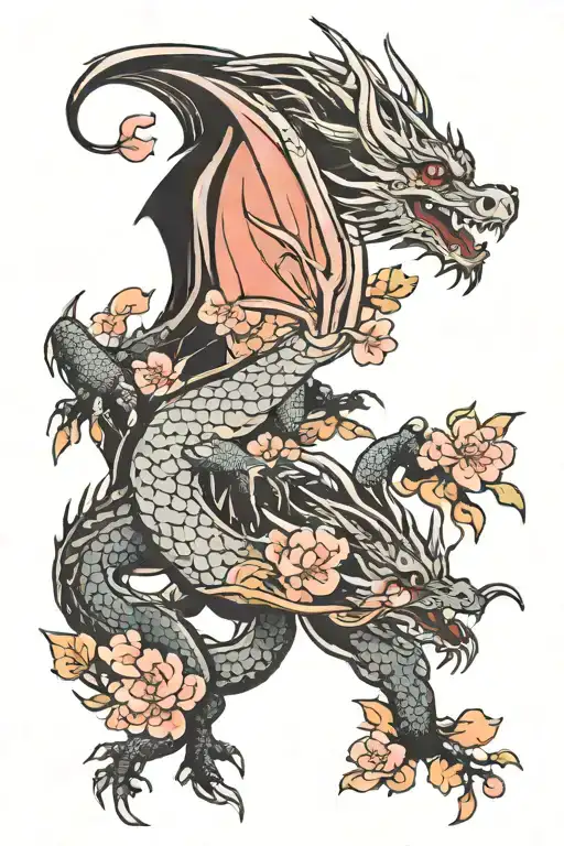 Dragon Flying With Sakura Flower