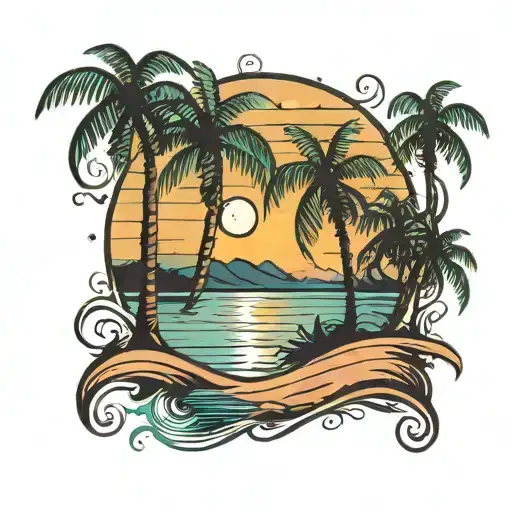 Beach With Palm Trees Colors Sunset Over Lake