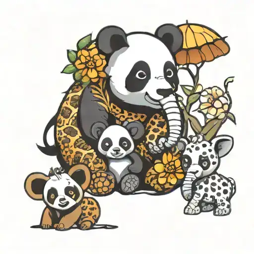 Cartoon Panda With Baby Giraffe And Baby Elephant In Front