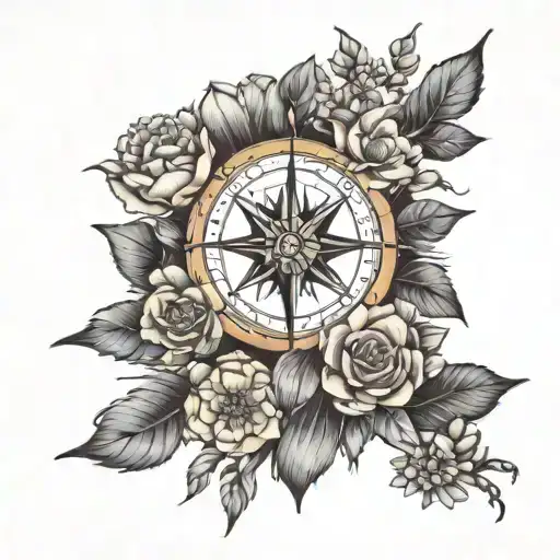 Mountain And Flowers And Compass Rose Surrounded