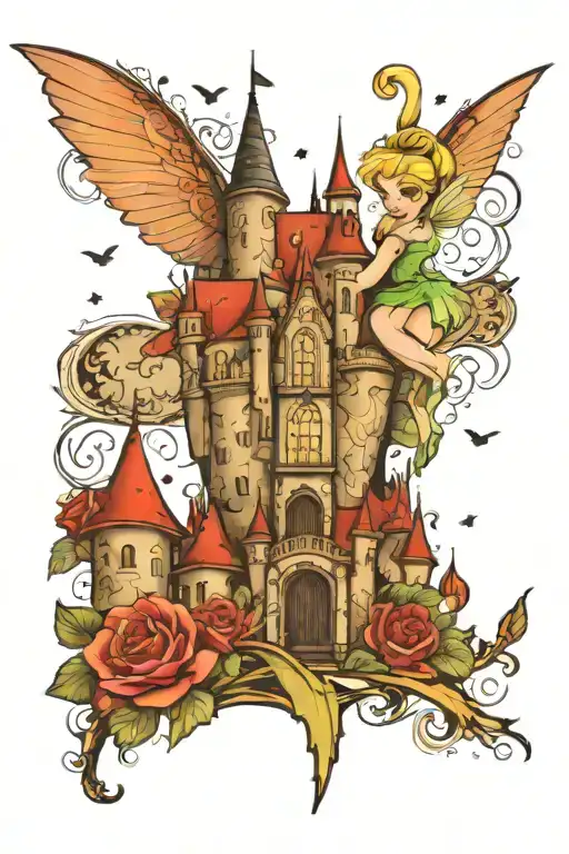 Disney Castle Main Feature Of Leg Sleeve With Tinkerbell Flying Around Classic Disney Symbolism