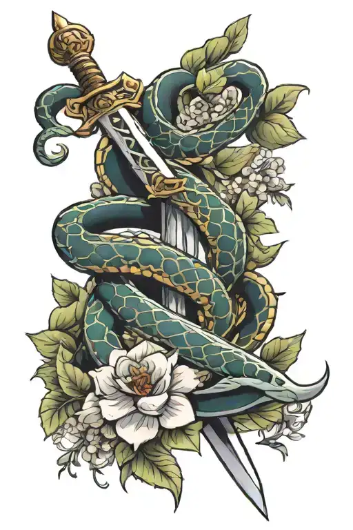 A Sword With A Snake Coiled And Flowers Intertwined