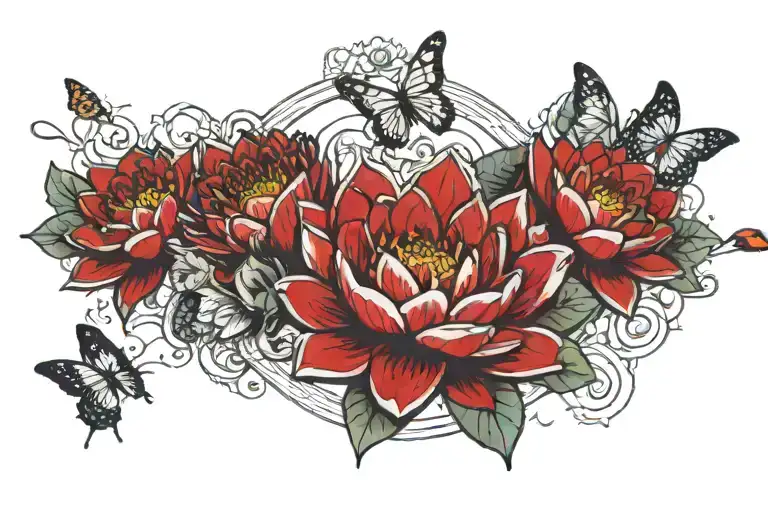 1 Water Lily In Between 2 Red Roses And 3 Butterflies Flying Around