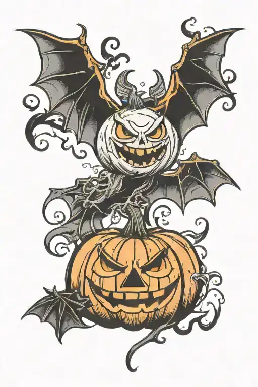 Halloween Pumpkin And Bats Flying