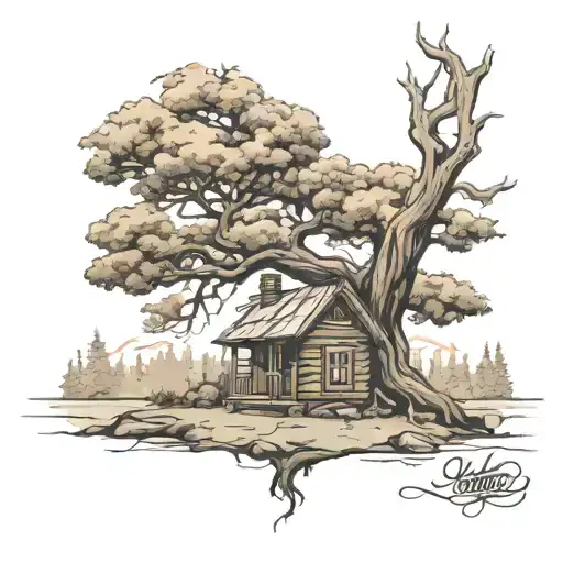 Big Oak Tree With Wooden Cabin In Front