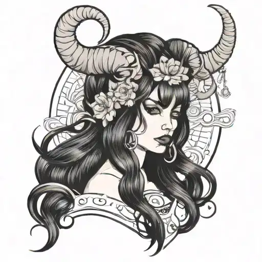 Beautiful Woman With Long Black Hair And Aries Horns In Her Head
