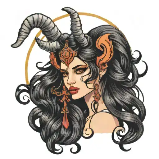Beautiful Goddess With Long Black Hair And Aries Horns In Her Head