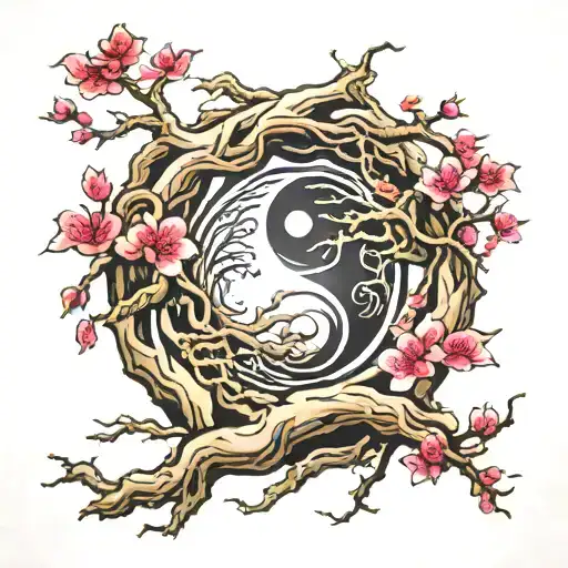 Ying Yang In Cherry Blossom Tree Roots