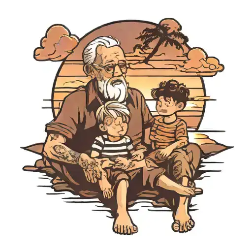 Grandpa And Grandson Watching Sunset In The Beach