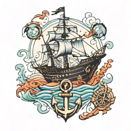 Navy Ship And An Anchor With Sea Life