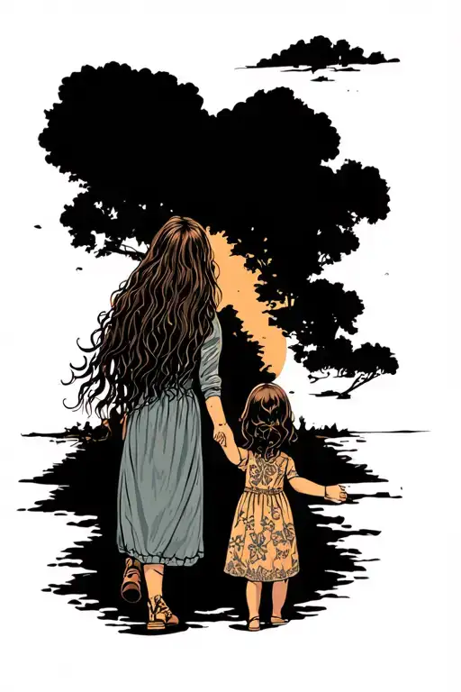 Long-haired Woman Walking Away Holding Hand Of Little Girl With Long Hair