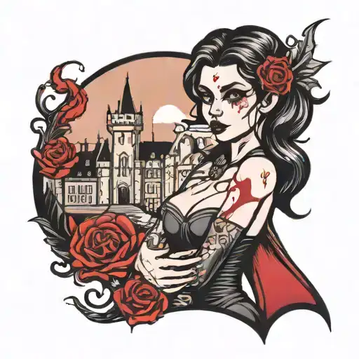 Vampire Girl With Castle In Background Black