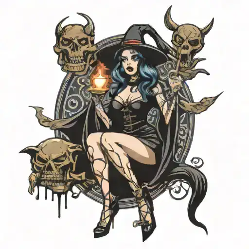 Seductive Witch With Vampire Fangs Wand In Hand Casting A Spell