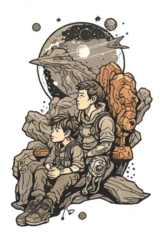 Father And Son Sitting Together On Top Of A Mountain Looking The Starts And Planets