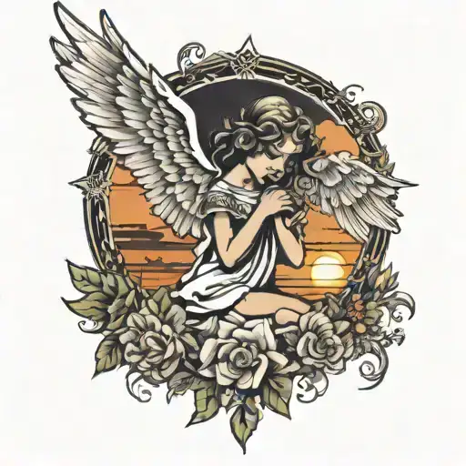 Angel With Open Wings Next To The A Kids Looking At The Sunset