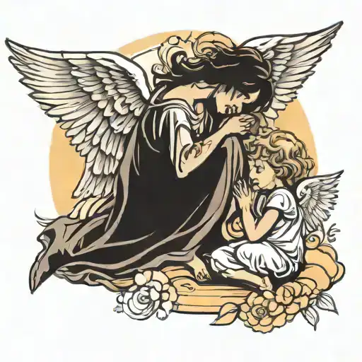 An Angel With Open Wings Next To A Child Watching The Sunset