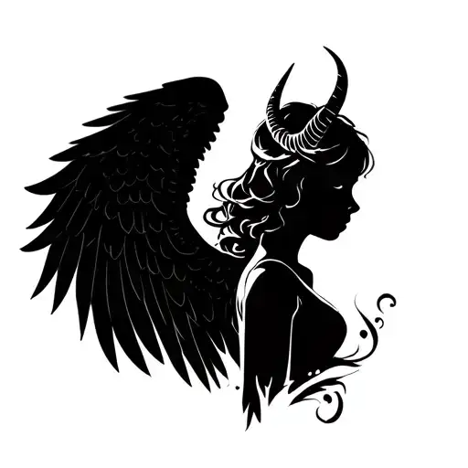 Silhouette Of A Girl With Angel Wings And Horns