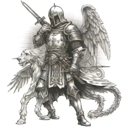 Templar Knight Kneeling With Sword In Hand And Angel Wings