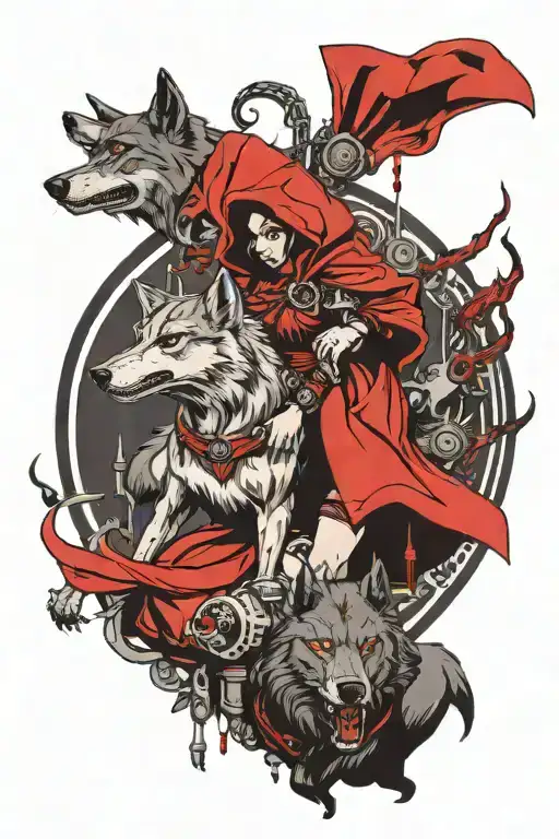 Red Riding Hood And Gray Wolf Cyberpunk In Battle