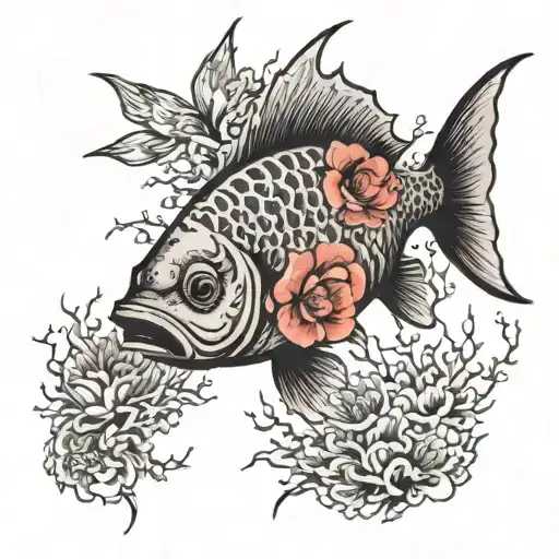 Fish And Birds With Flowers And Coral Reef