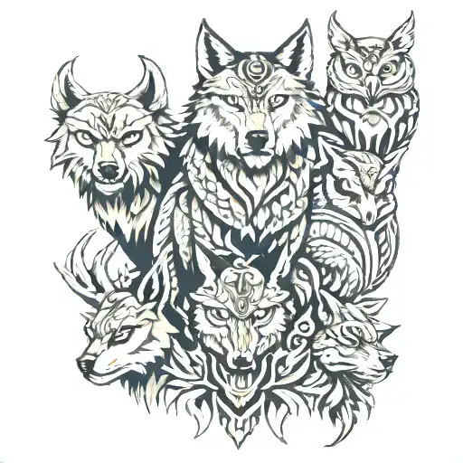 Animal Totem Pole Wolf Bear Stag And Owl Perched Long