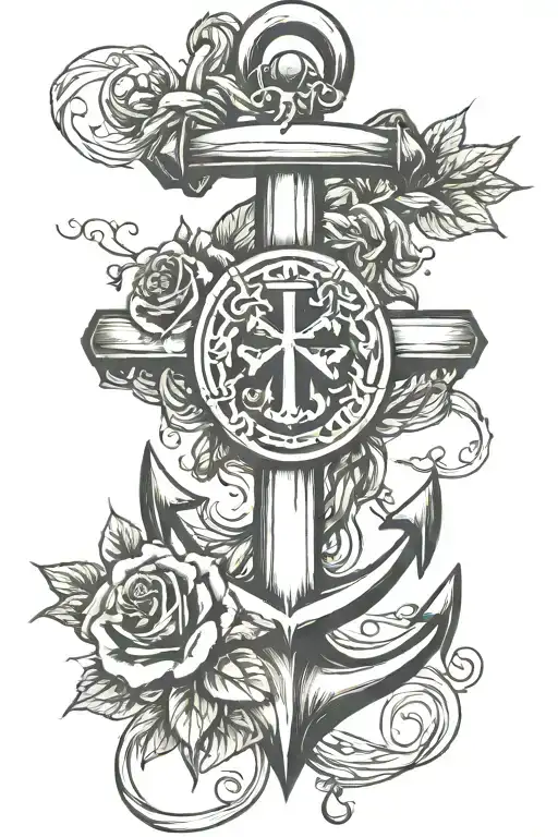 Anchor With A Cross And Roses Intertwined Hearts