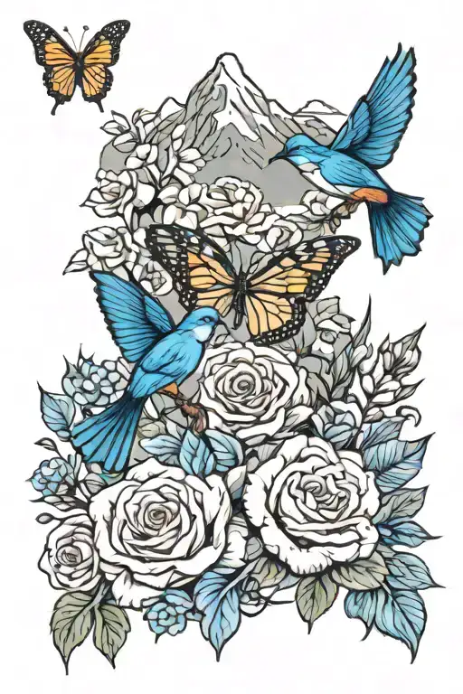 Rocky Mountain Peak With Mountain Blue Birds And Monarch Butterflies With Wild Prairie Roses