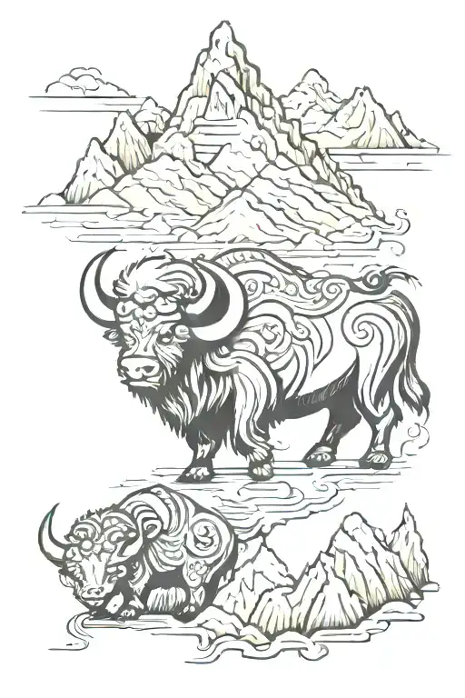 Yak And Himalayan Mountain Range With Lake