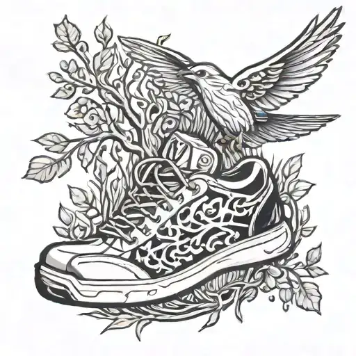 A Tattoo Of A Shoe Transforming Into A Bird Flying Over A Forest
