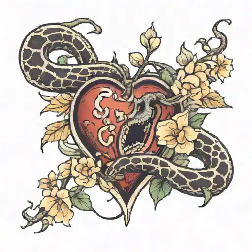 A Snake Biting A Human Heart With Flowers Growing Out Of The Heart