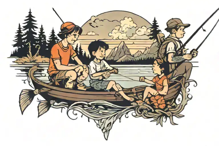 Lake With A Boy And Girl With Father Fishing