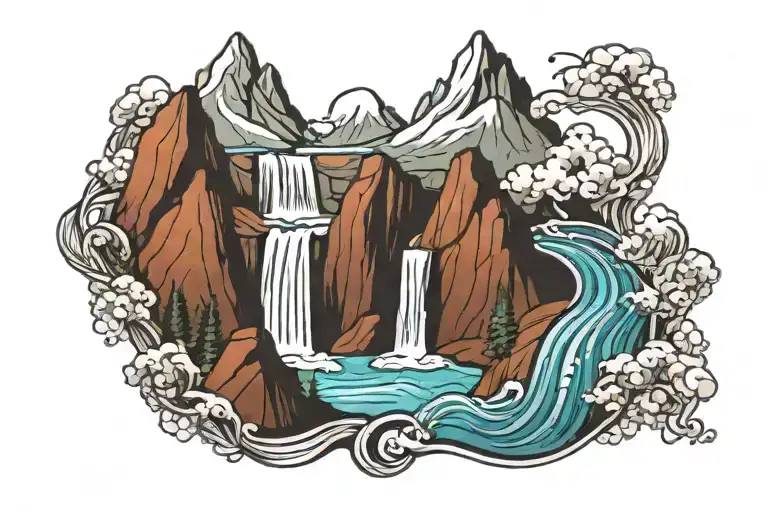 Mountain Range With Waterfall Flowing