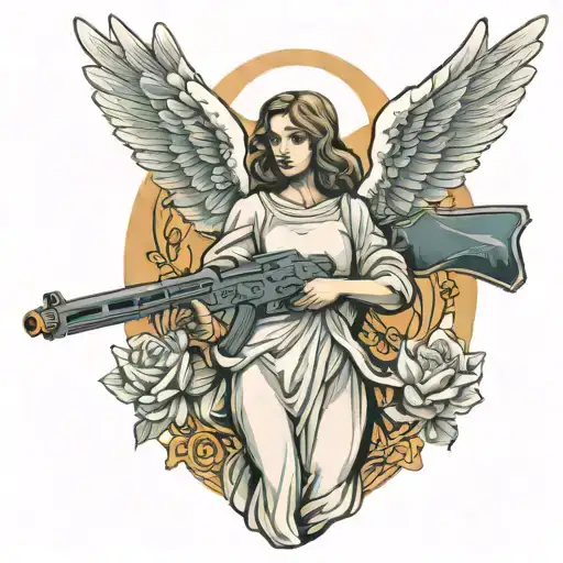 Angel Holding Gun Cross With Dove Flying