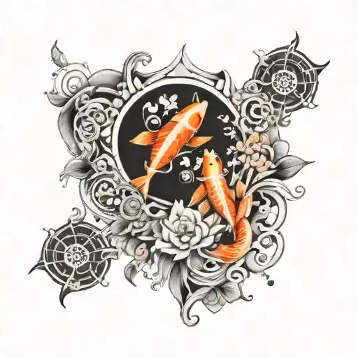 Delicate Ornamental With Two Koi Fish With Unalome And Om Tattoo Design For Spine