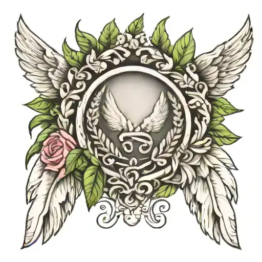 Laurel Wreath With Angel Wings In The Middle Which Has 12 Feathers