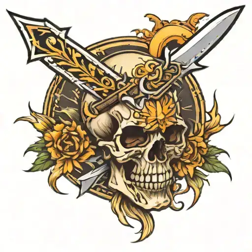 Sun Skull And Combat Knife In The