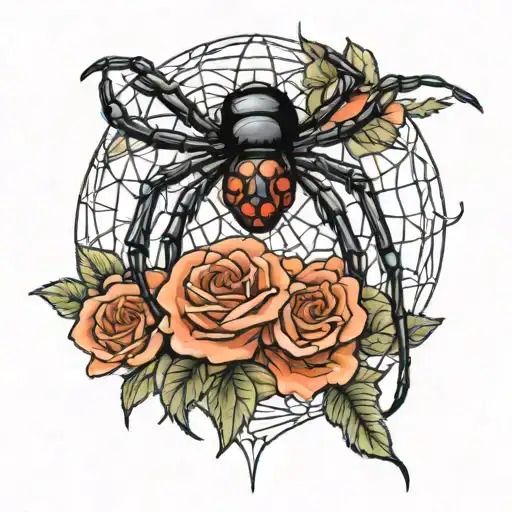 A Black Widow Spider Hanging From A Web With Roses