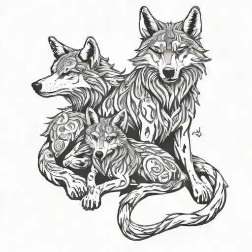 Full Body Of A Wolf Breastfeeding Two Children